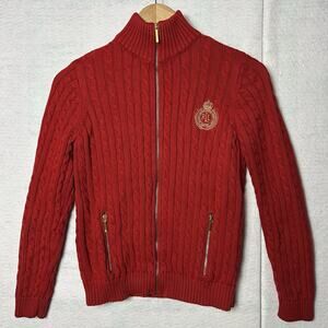 Lauren Ralph Lauren Red Cable Knit Full Zip Cardigan Sweater Size Petite Med